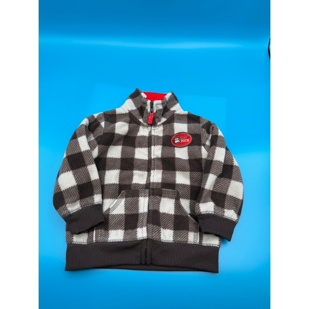 Carters Fleece Jacket Baby Boys 9M Brown Buffalo Plaid Excellent Zip Up Hoodie